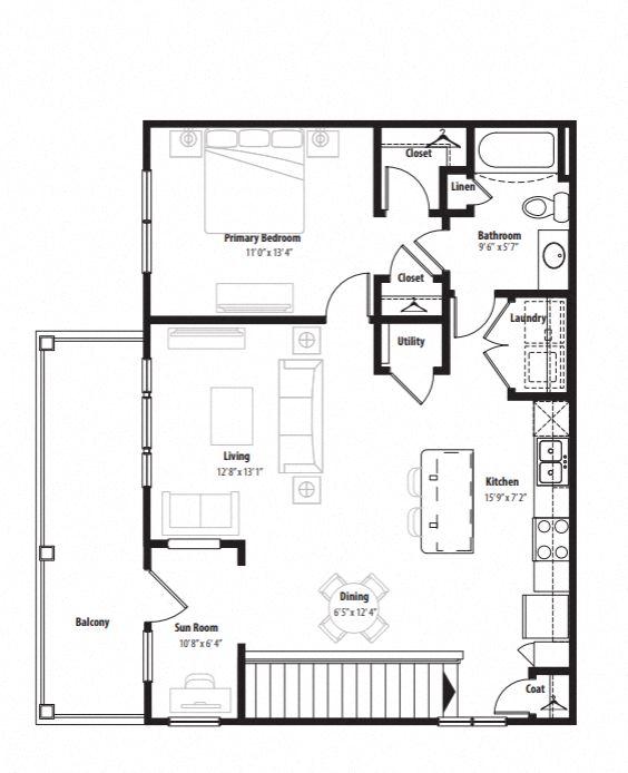 Floor plan for 1 bed, 1 bath, 909 sqft